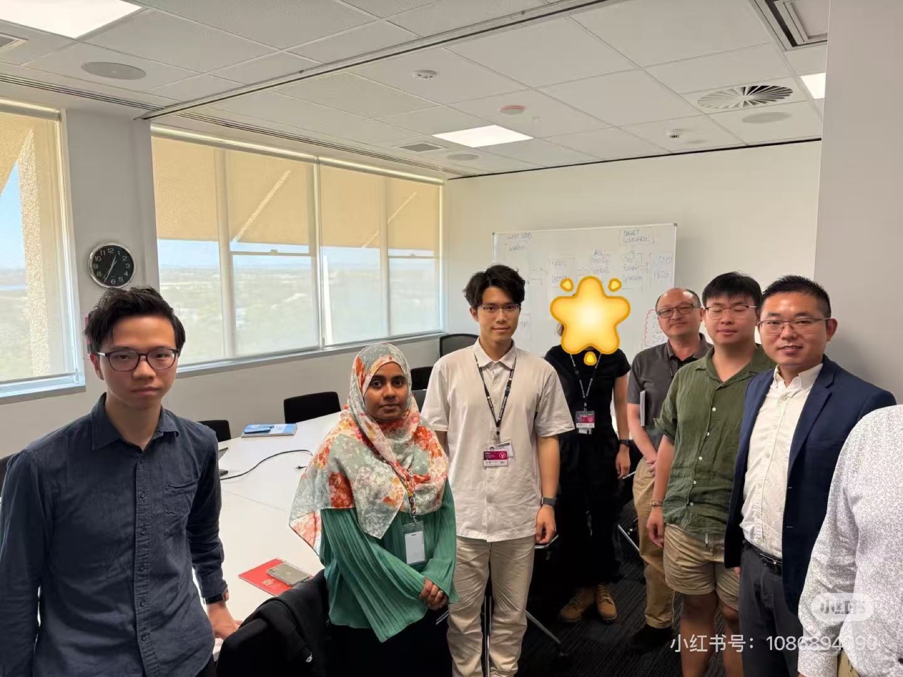 Group photo with lab members and Main Roads WA staff during the lab visit. Yilong Wu is third from the left. One participant's face is obscured for online privacy.