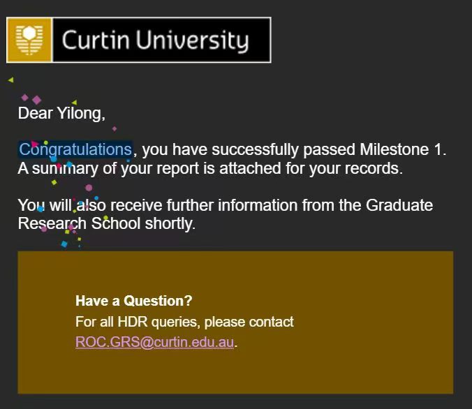 Curtin University notice confirming that Yilong Wu successfully passed PhD Milestone 1.
