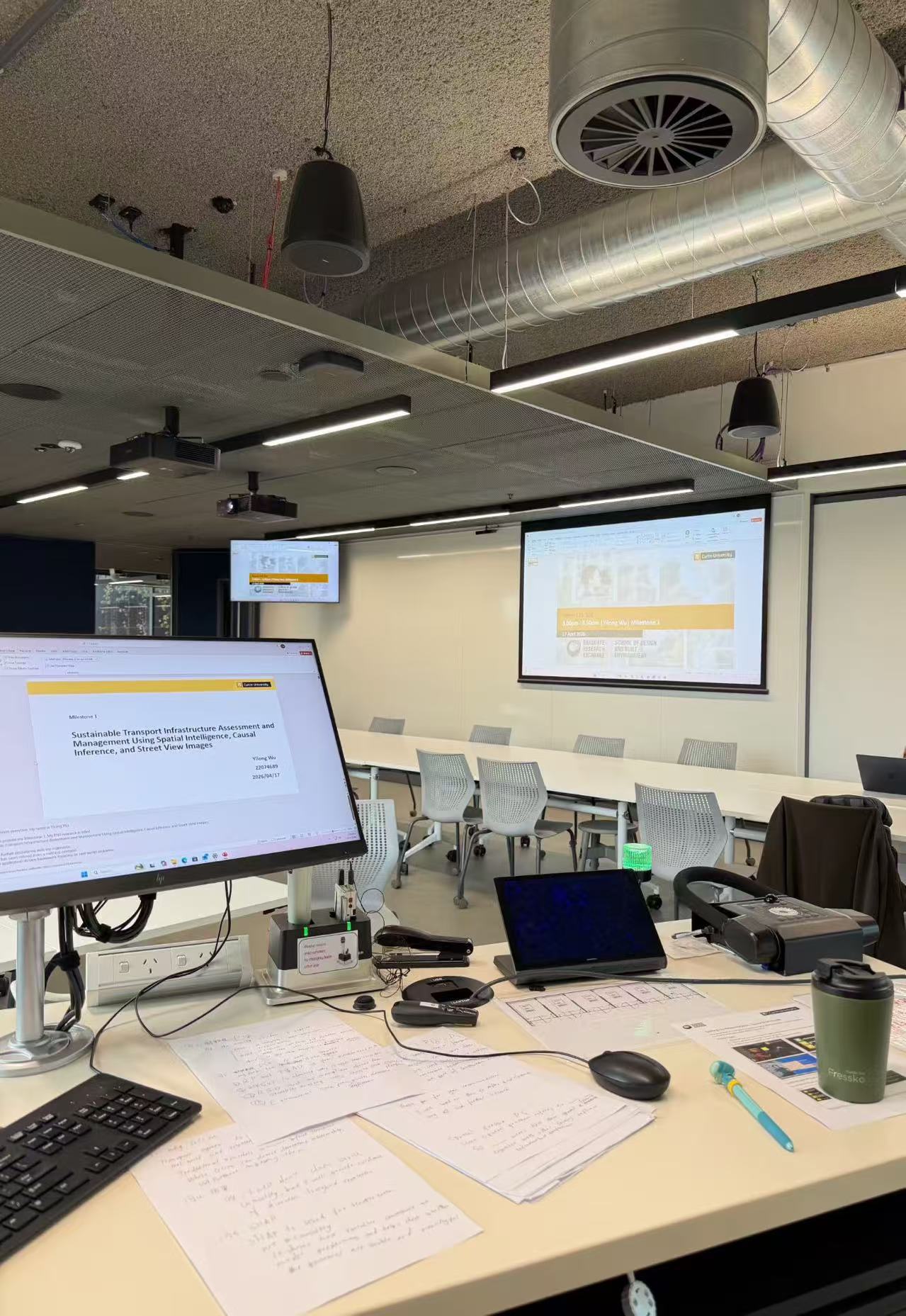 The presentation room being prepared one hour before Yilong Wu's PhD Milestone 1 presentation.